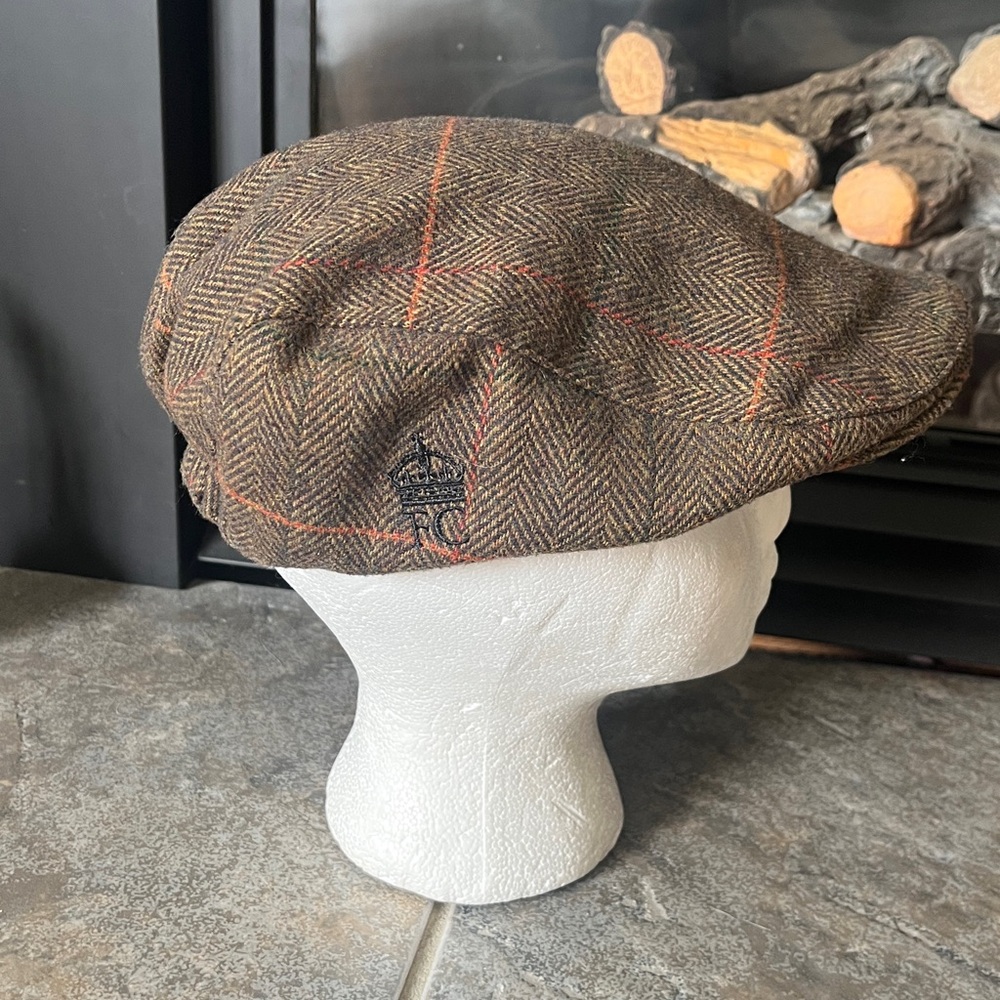 EUC French Connection Peaked Olive Brown & Orange Chevron Tweed Flat Cap